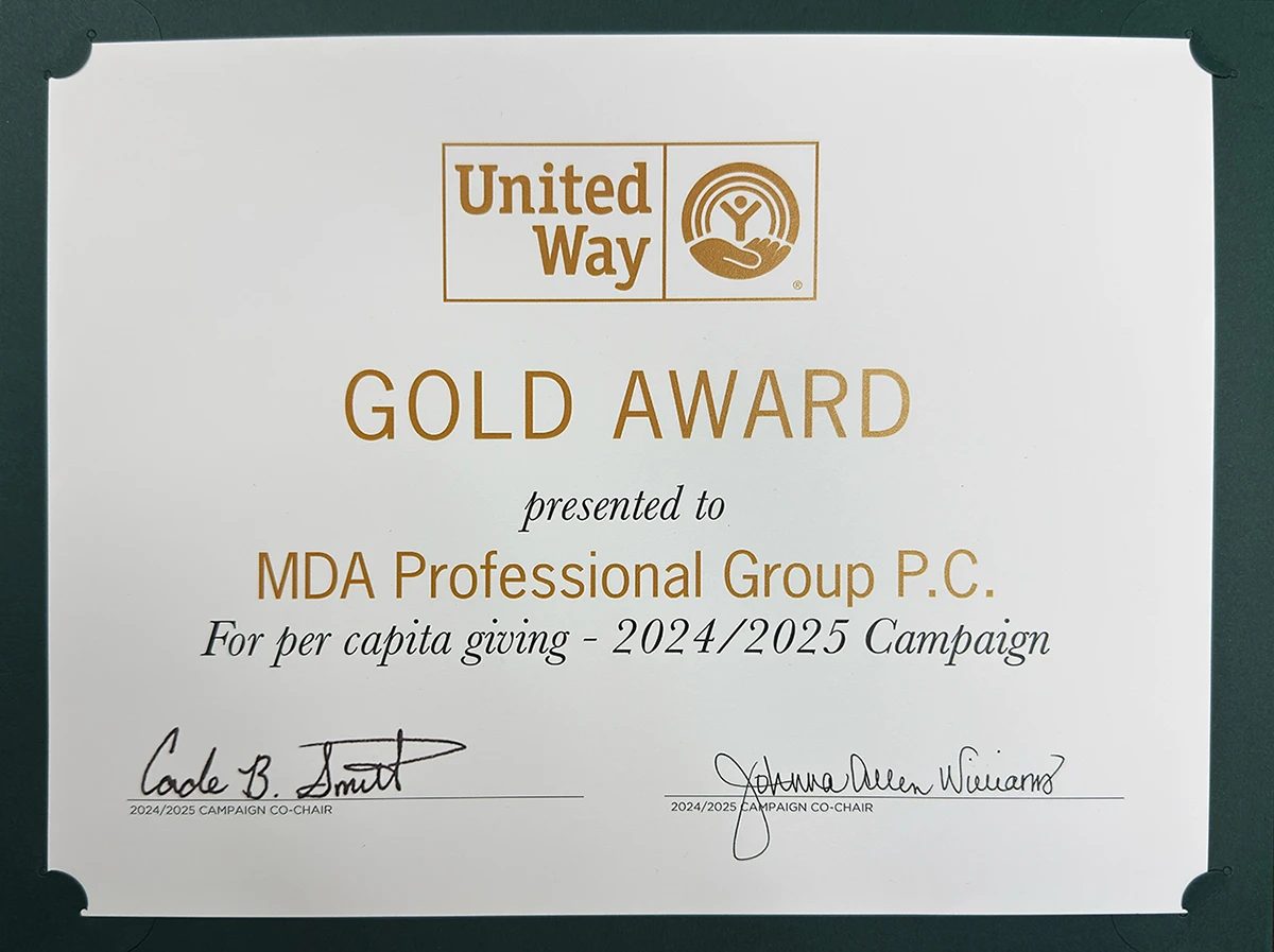 United Way Gold Award certificate for per capita giving, 2024/2025 campaign