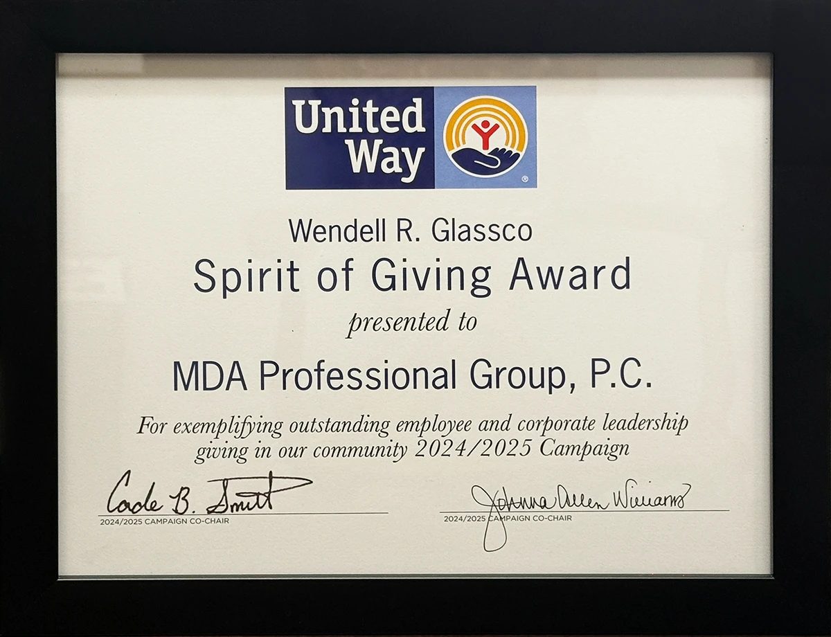 United Way Wendell R. Glassco Spirit of Giving Award certificate, 2024/2025 campaign
