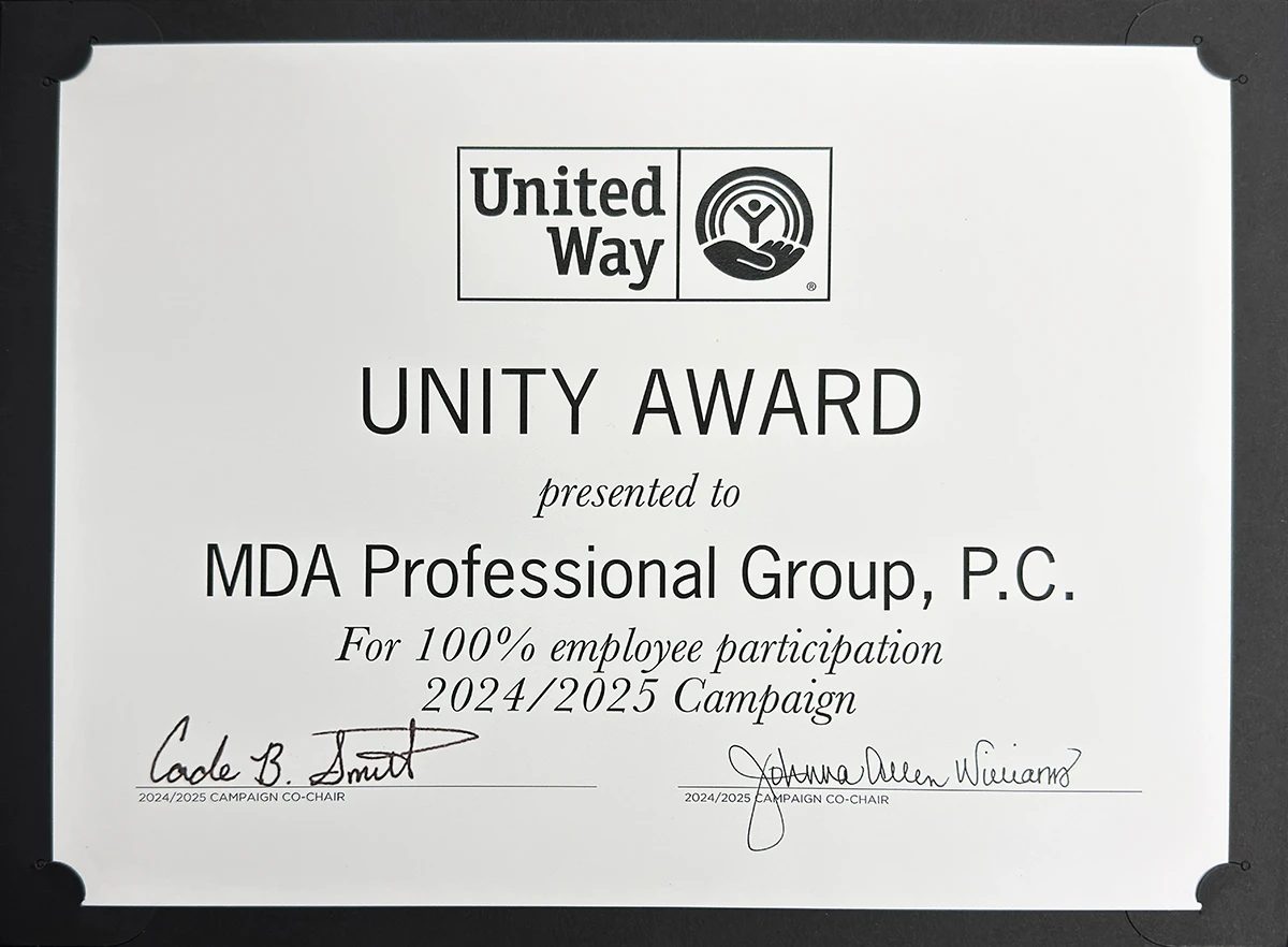 United Way Unity Award certificate for 100% employee participation, 2024/2025 campaign